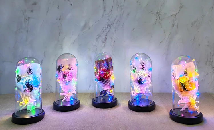 Işıklı Müzikli Fanus içinde Gül Buketi  Alk5003