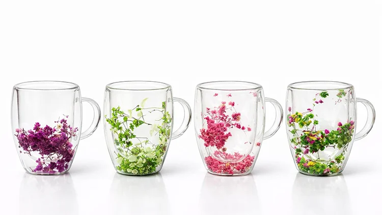 Çift Camlı Çiçekli Kupa Bardak Alk4468