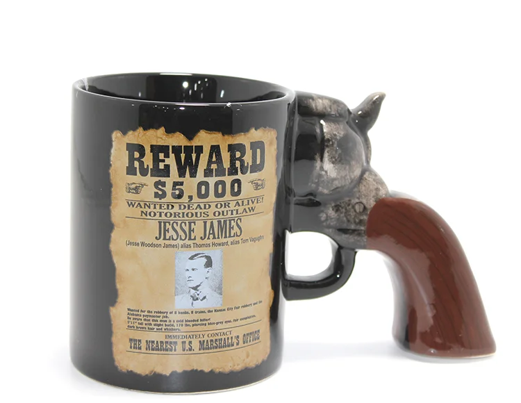 Jesse James Wanted İlanlı Tabanca Kulplu Porselen Kupa Bardak Alk4899