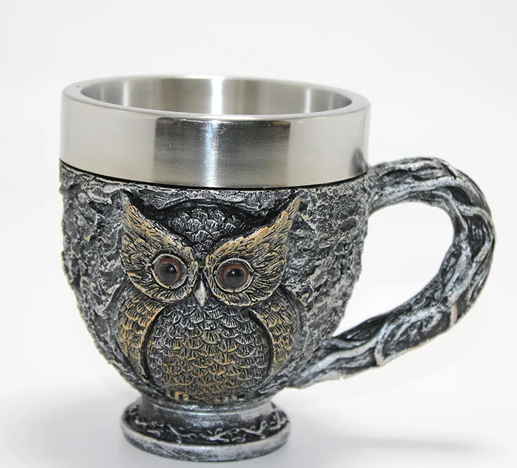 3D Kabartmalı Baykuş Büstü Paslanmaz Çelik Kupa Bardak Alk4482
