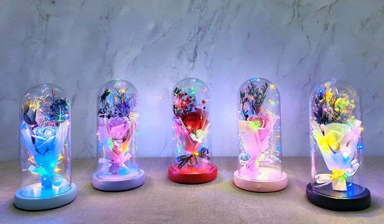 Işıklı Müzikli Cam Fanus İçinde Lavantalı Romantik Gül  Alk5001