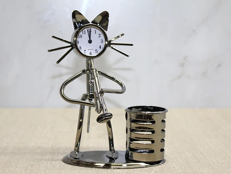 Metal Saksafon Çalan Kedi Müzisyen Saat Ve Kalemlik Alk4346
