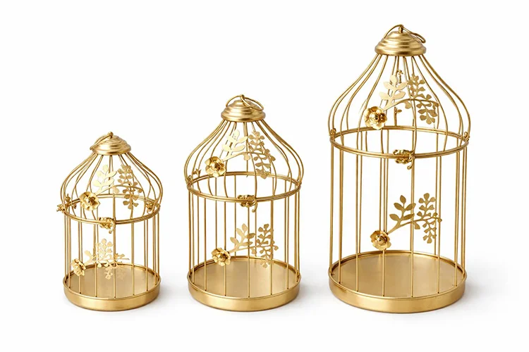 Dekoratif Gold Metal 3'lü Kafes Mumluk Seti