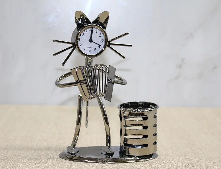 Metal Akordiyon Çalan Kedi Müzisyen Saat Ve Kalemlik Alk4344