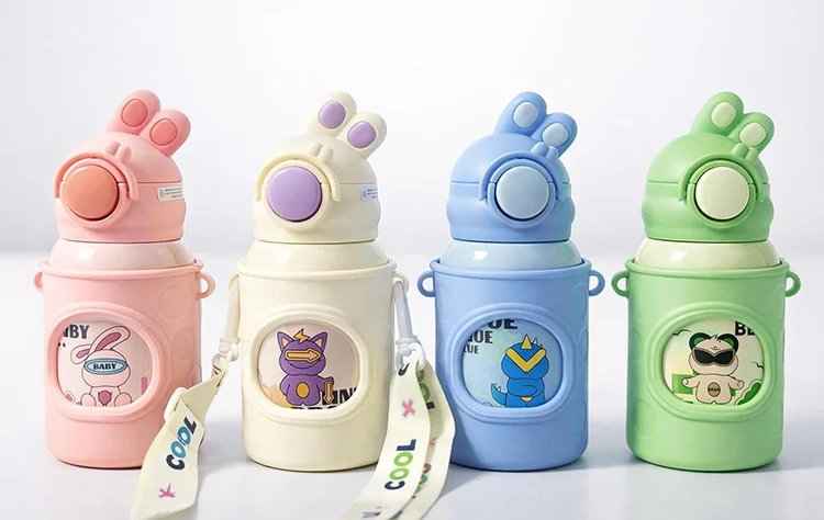 Tavşan Kulaklı Pipetli Çocuk Termosu - 500 ml Paslanmaz Çelik Suluk ALK2309