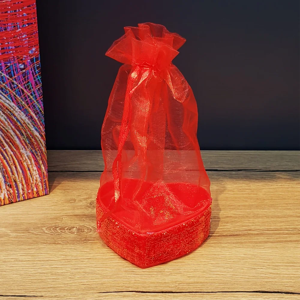 Toptan Kırmızı Kalpli Tül Kese