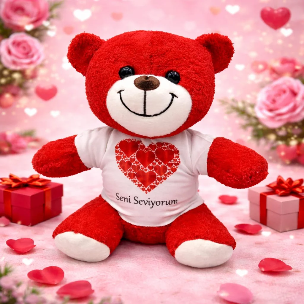 Toptan Kalpli Seni Seviyorum Tişörtlü Kırmızı Ayıcık