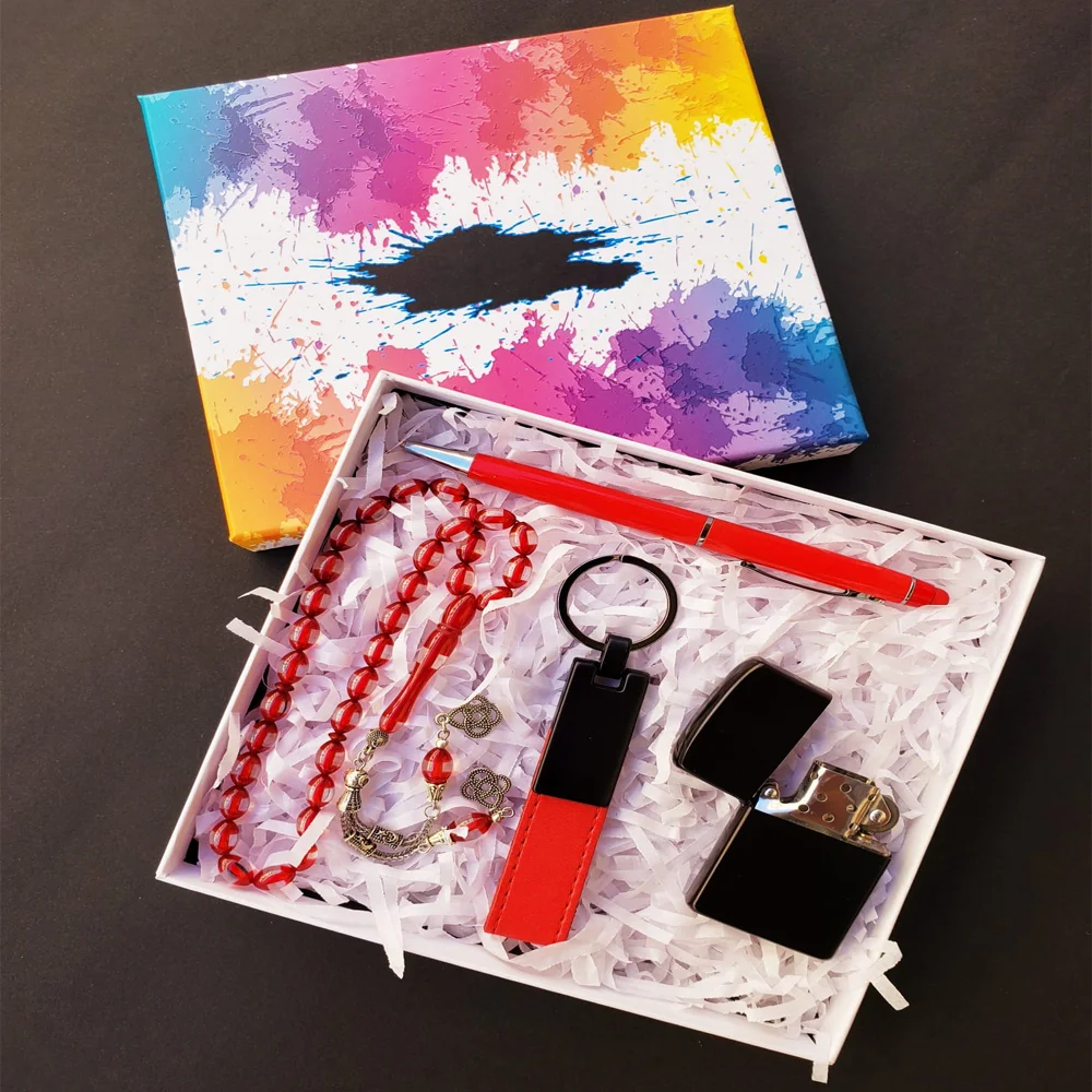 Toptan Toz Kehribar Tesbih ve Kırmızı Kalem Anahtarlık Çakmak Set