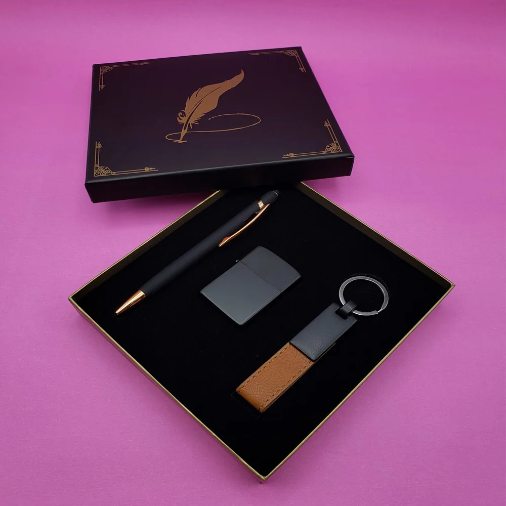 Toptan Siyah Rubber Kalem Çakmak ve Anahtarlık Set