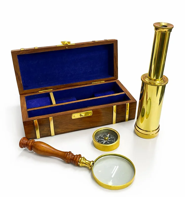 Ahşap Kutulu Pirinç Dürbün,Pusula,Büyüteç Seti 15304