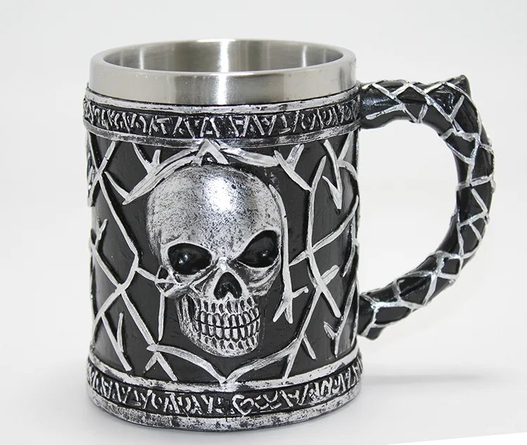 Gotik Kurukafa 3D Kabartmalı Paslanmaz Çelik Kupa Bardak Alk4380