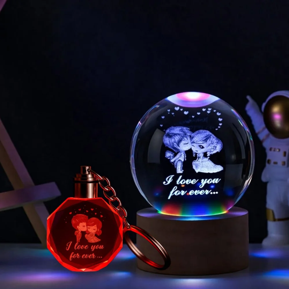Toptan Renk Değiştiren Sevgililer Temalı Cam Küre Ve Işıklı Kristal Anahtarlık