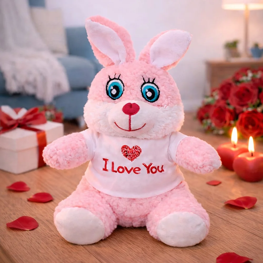 Toptan I Love You Tişörtlü Sevimli Pembe Peluş Tavşan