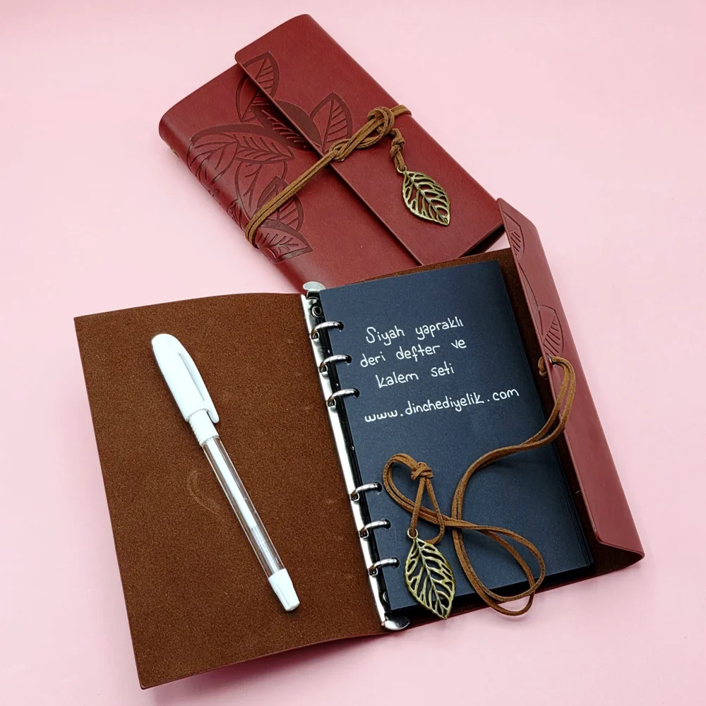 Toptan Kahverengi Siyah Yapraklı Deri Defter Ve Beyaz Jel Kalem Set