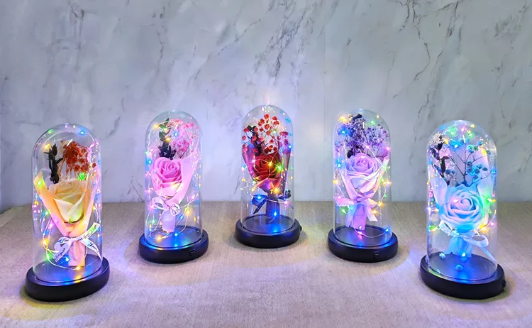 Işıklı  Müzkli Dekoratif Cam Fanus İçinde Gül Alk5005