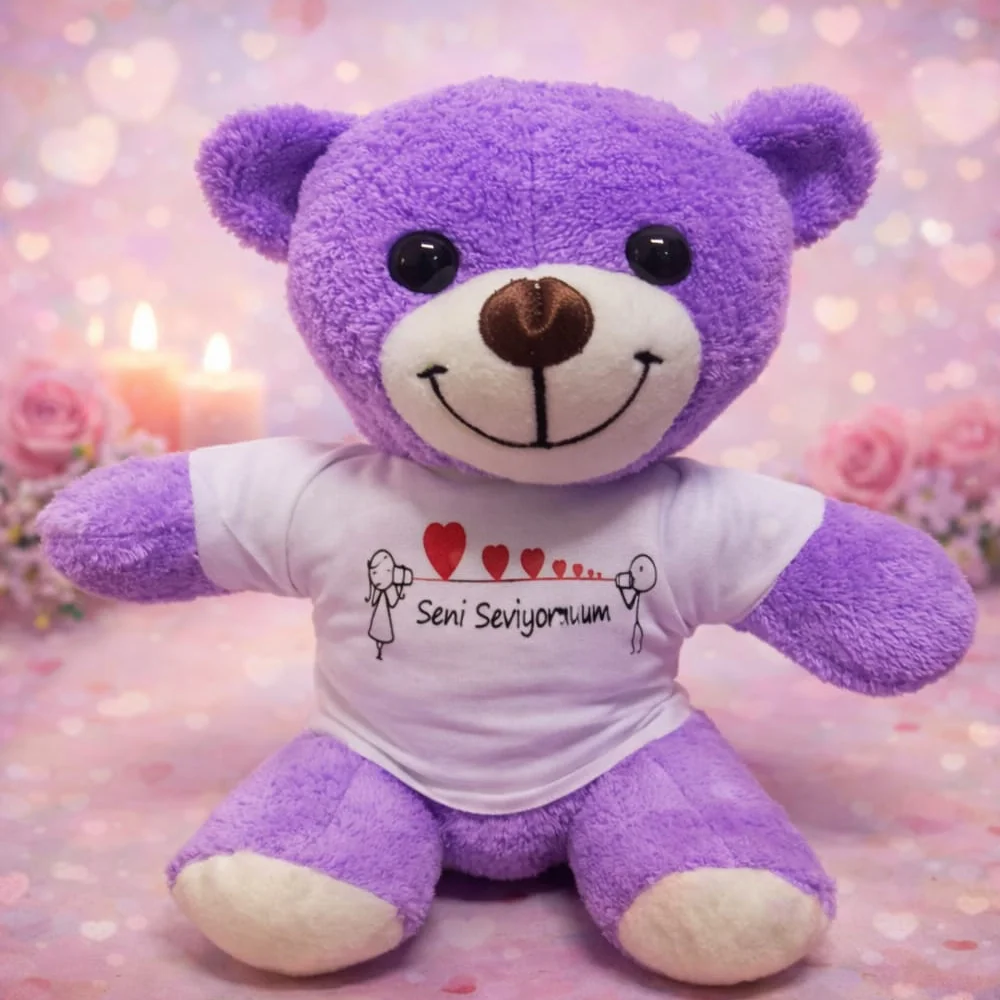 Toptan Mor Ayıcık Seni Seviyorum Baskılı Tişörtlü