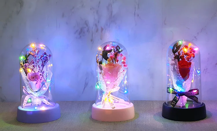 LED Işıklı Müzikli Cam Fanus İçinde Gül Buketi  Alk5006