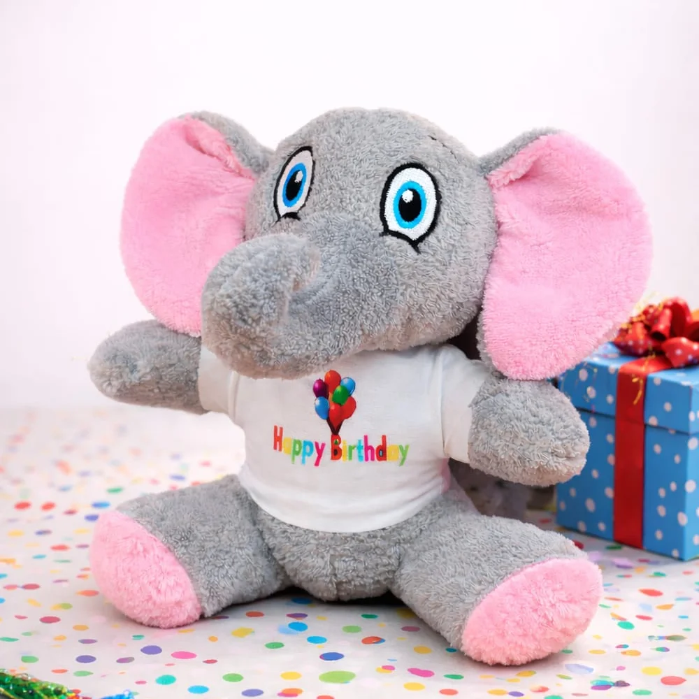 Toptan Happy Birthday Tişörtlü Peluş Oyuncak Fil