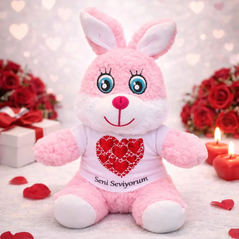 Toptan Pembe Renk Seni Seviyorum Tişörtlü Peluş Tavşan