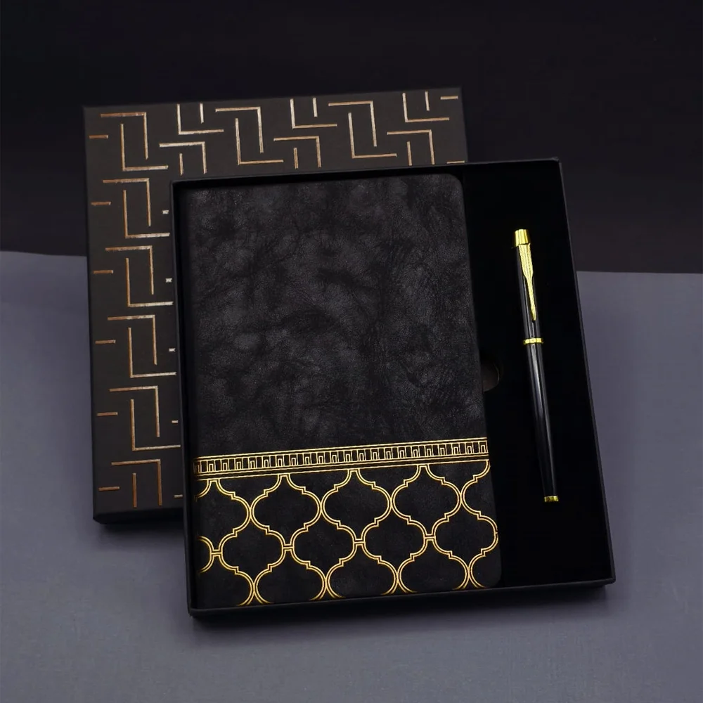 Toptan Gold Desen Siyah Deri Defter Kalem Set