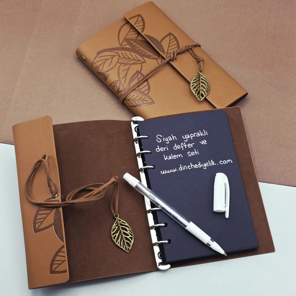 Toptan Siyah Yapraklı Deri Defter Ve Kalem Seti