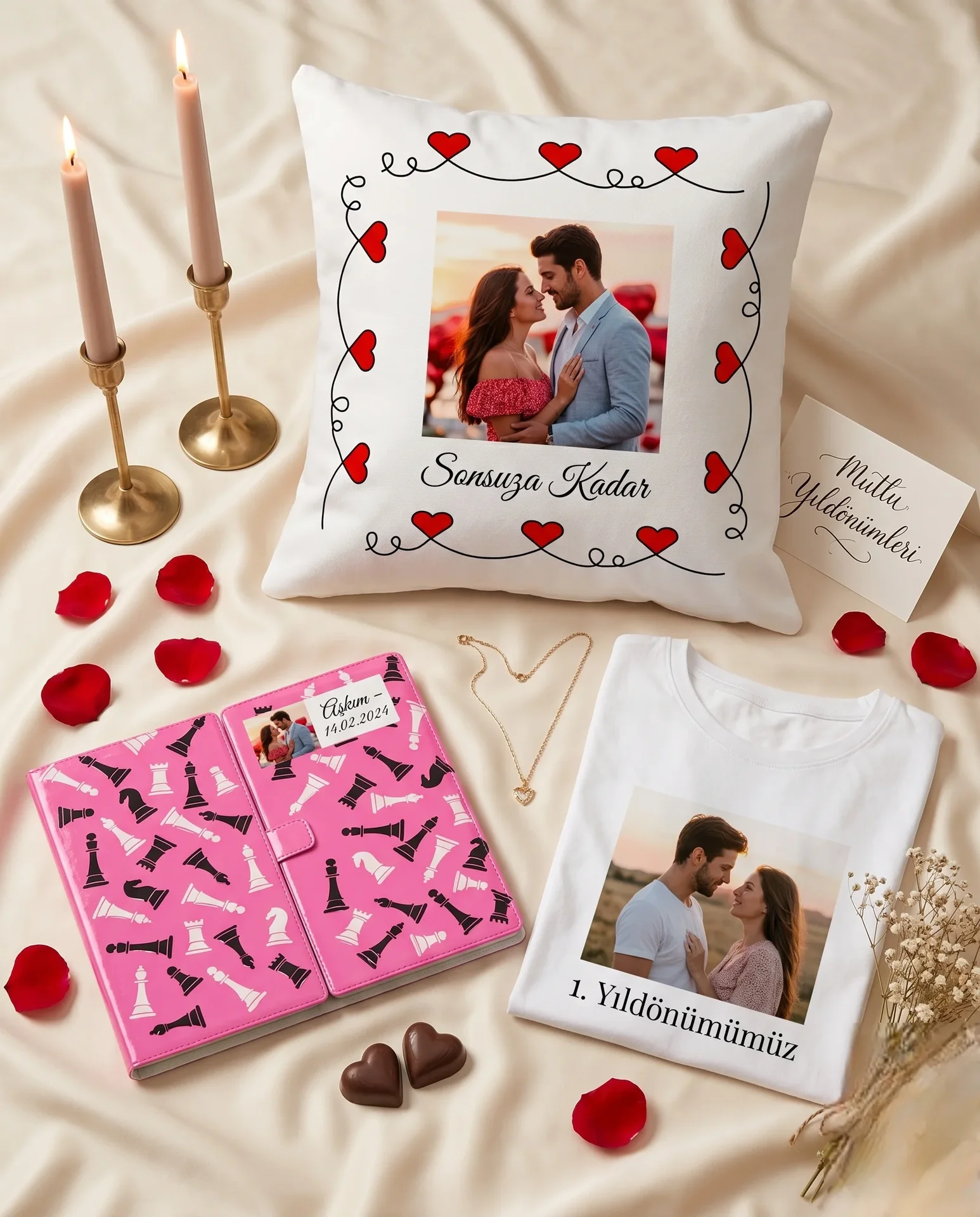 Çiftlere Romantik Set — Kalpli Yastık, Pembe Satranç ve Tişört