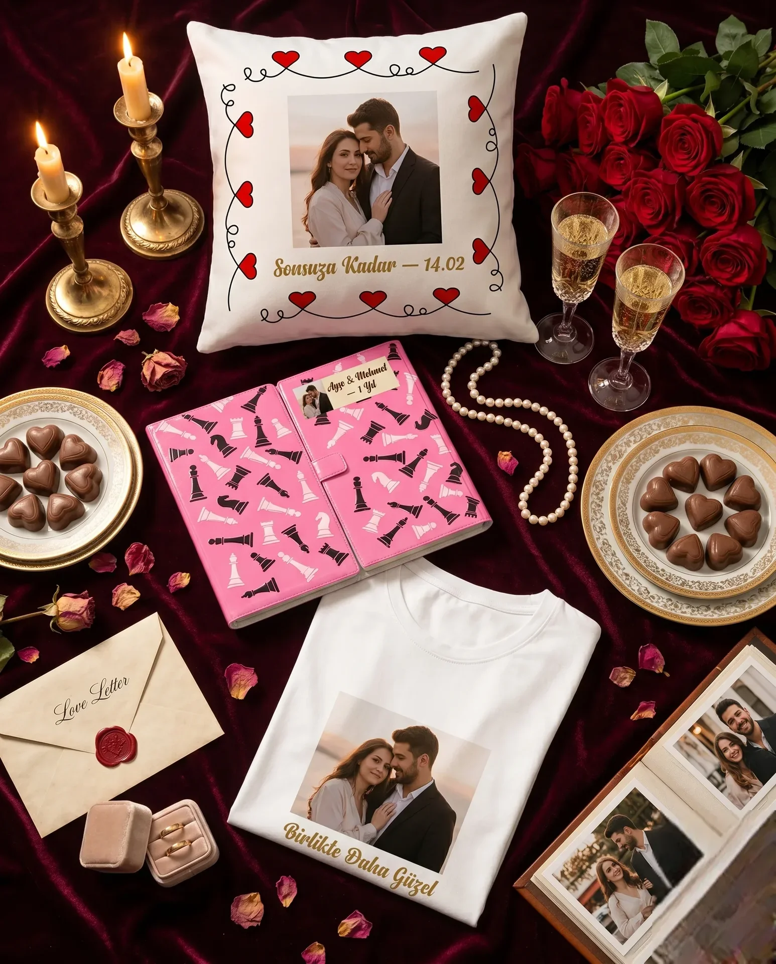 Çiftlere Romantik Set — Kalpli Yastık, Pembe Satranç ve Tişört