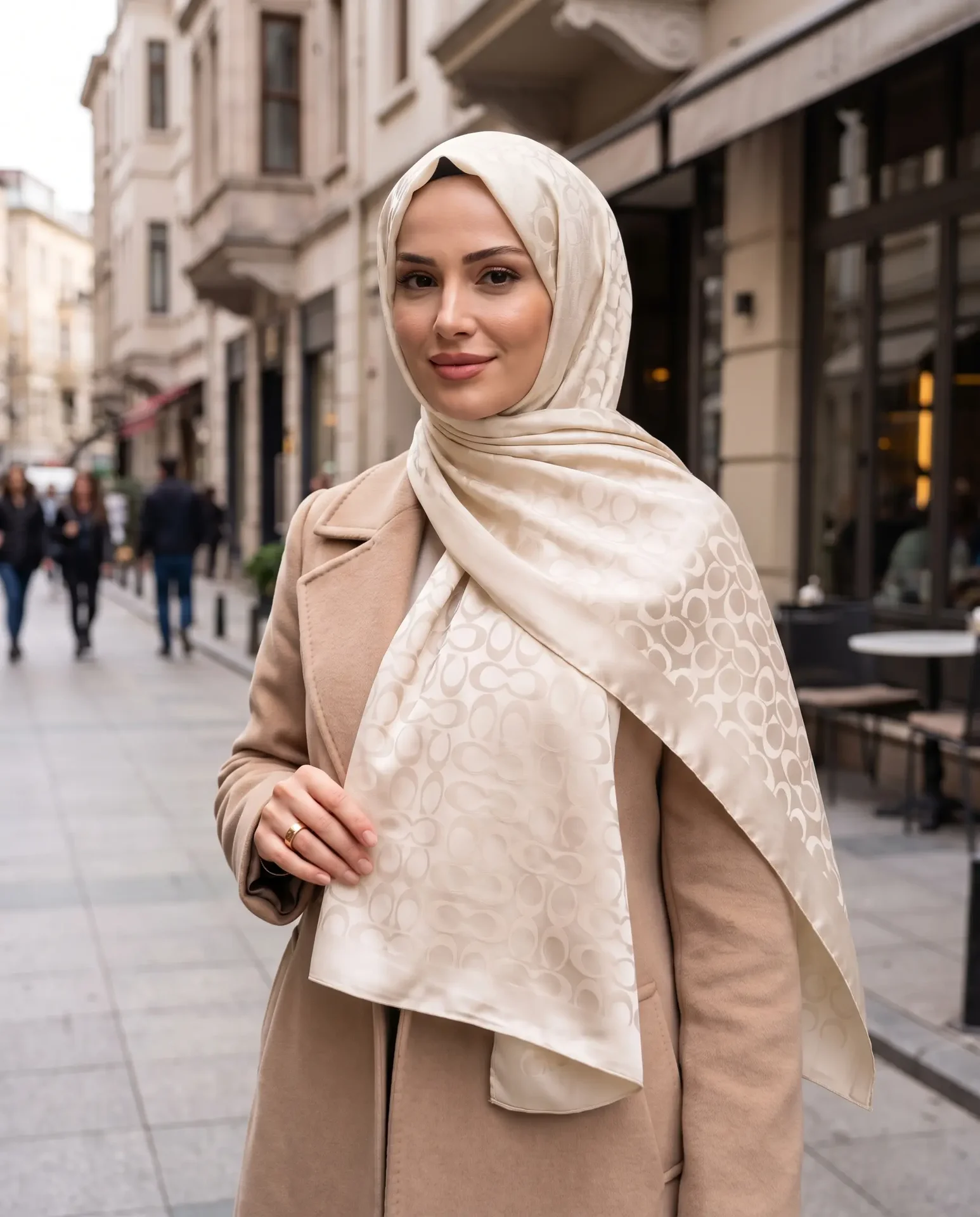Nukra Jakarlı Pamuk Şal Halka Desen Krem 70 x 190 cm