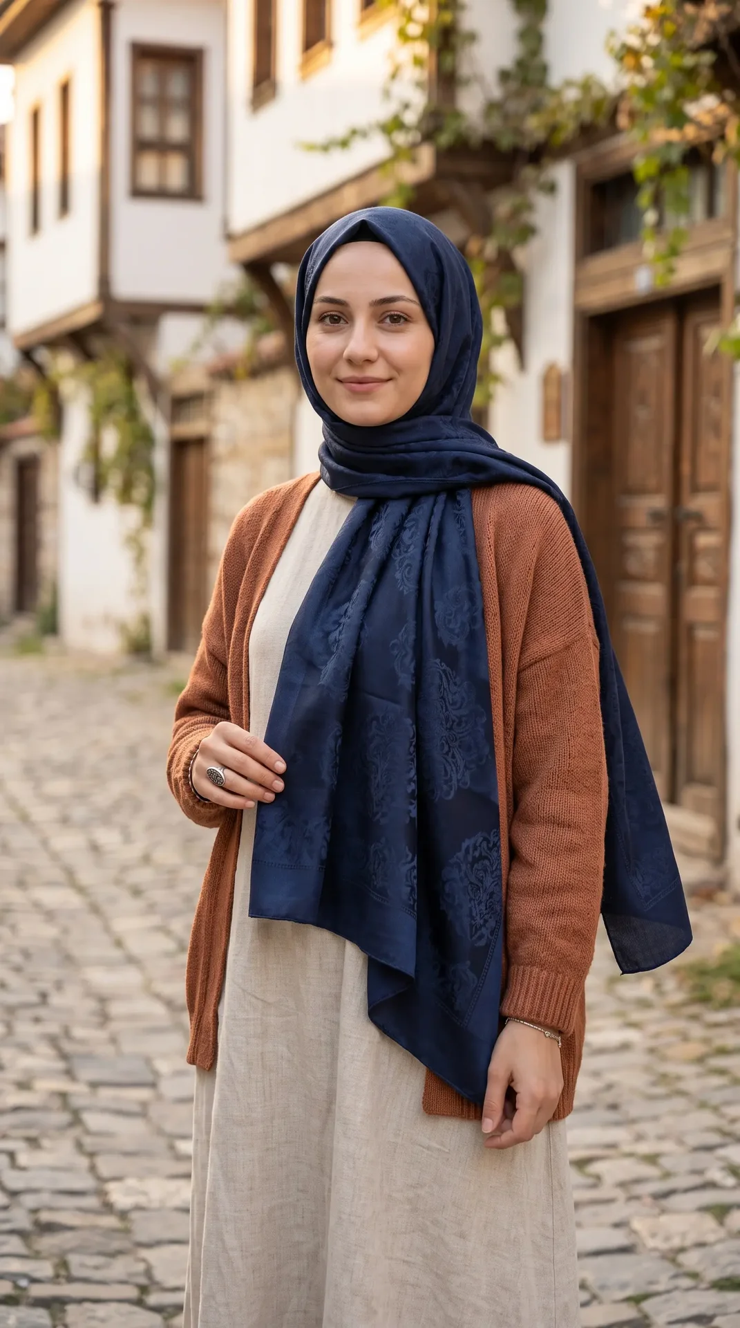 Nukra Jakarlı Pamuk Şal Osmanlı Desen Lacivert 70 x 190 cm