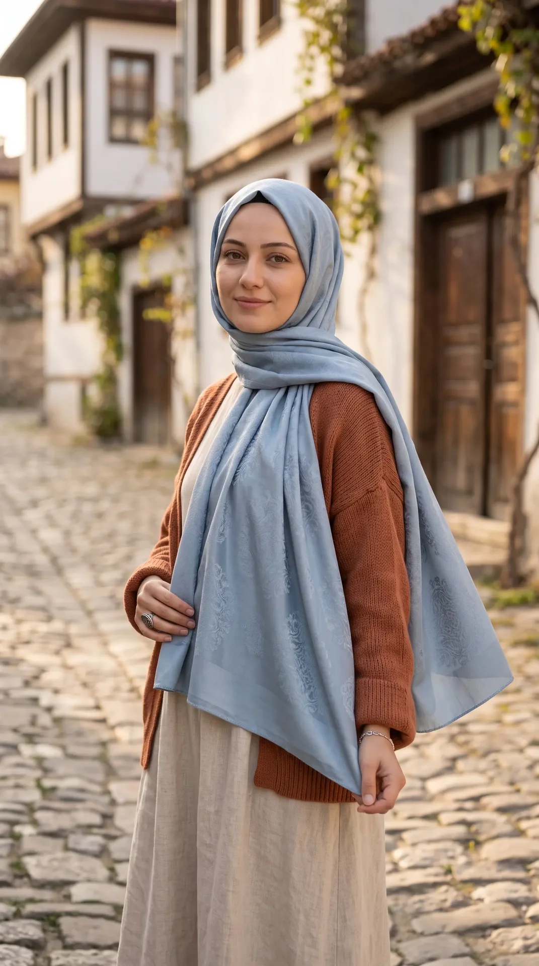 Nukra Jakarlı Pamuk Şal Osmanlı Desen Mavi 70 x 190 cm