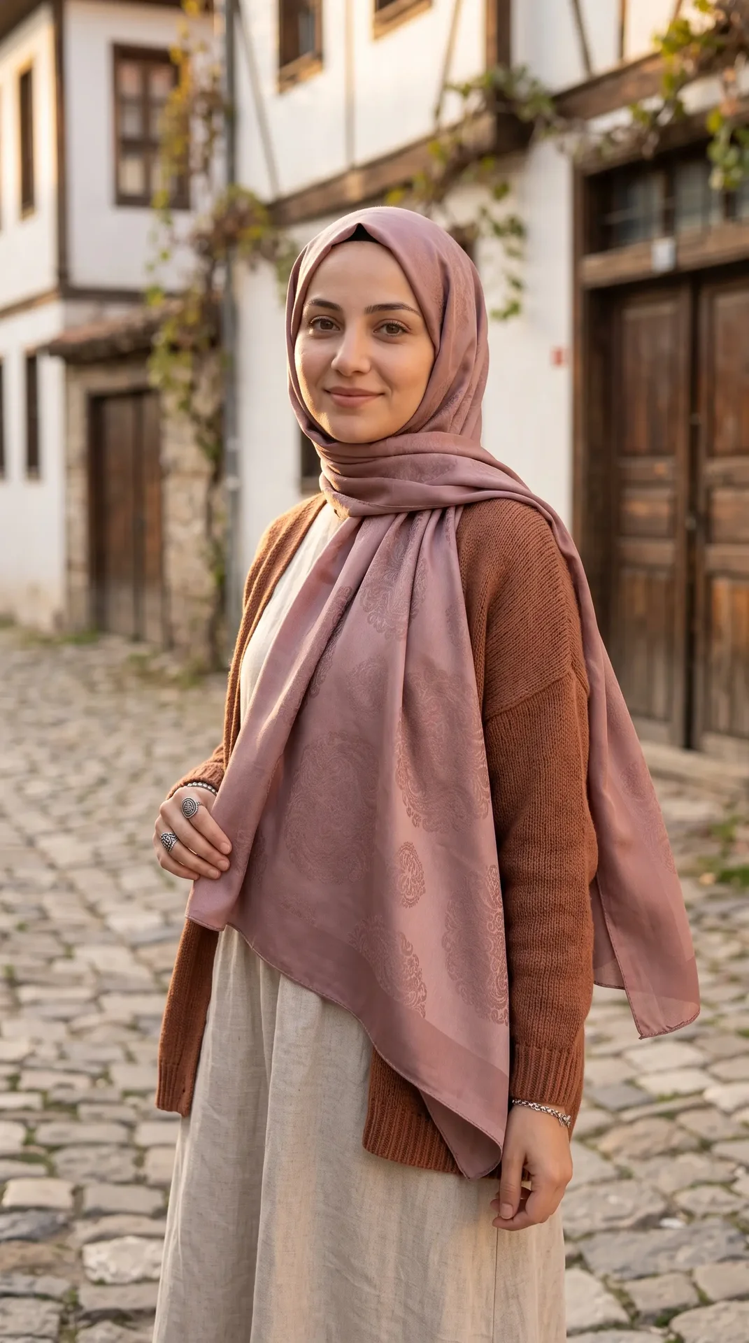 Nukra Jakarlı Pamuk Şal Osmanlı Desen Pembe 70 x 190 cm