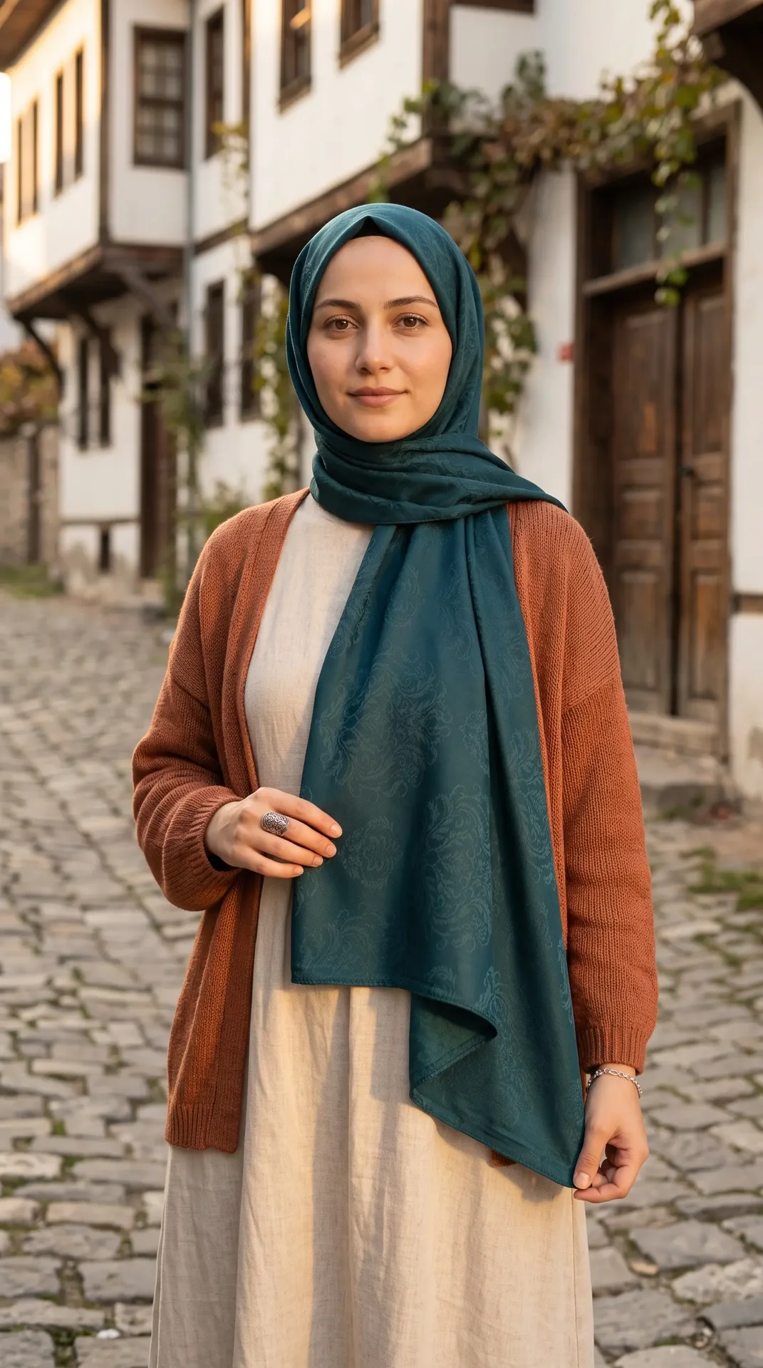 Nukra Jakarlı Pamuk Şal Osmanlı Desen Zümrüt Yeşili 70 x 190 cm