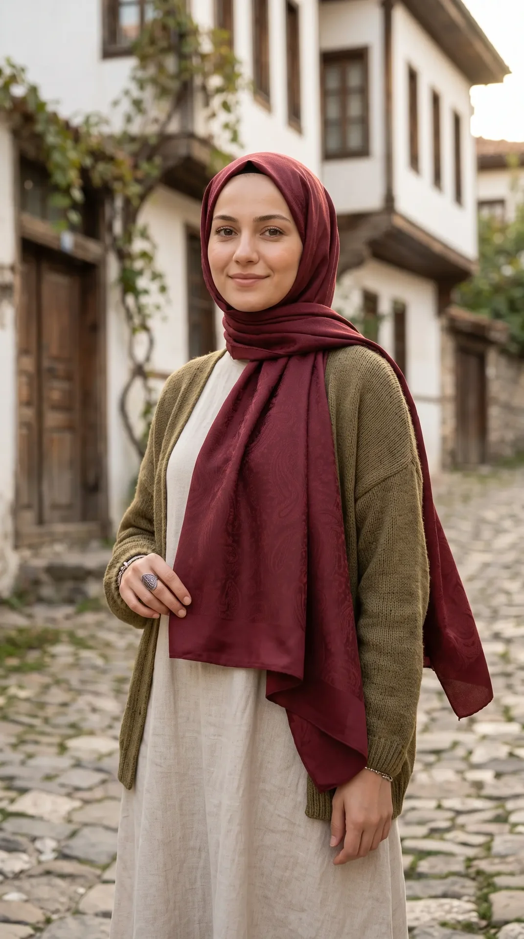 Nukra Jakarlı Pamuk Şal Otantik Desen Bordo 70 x 190 cm