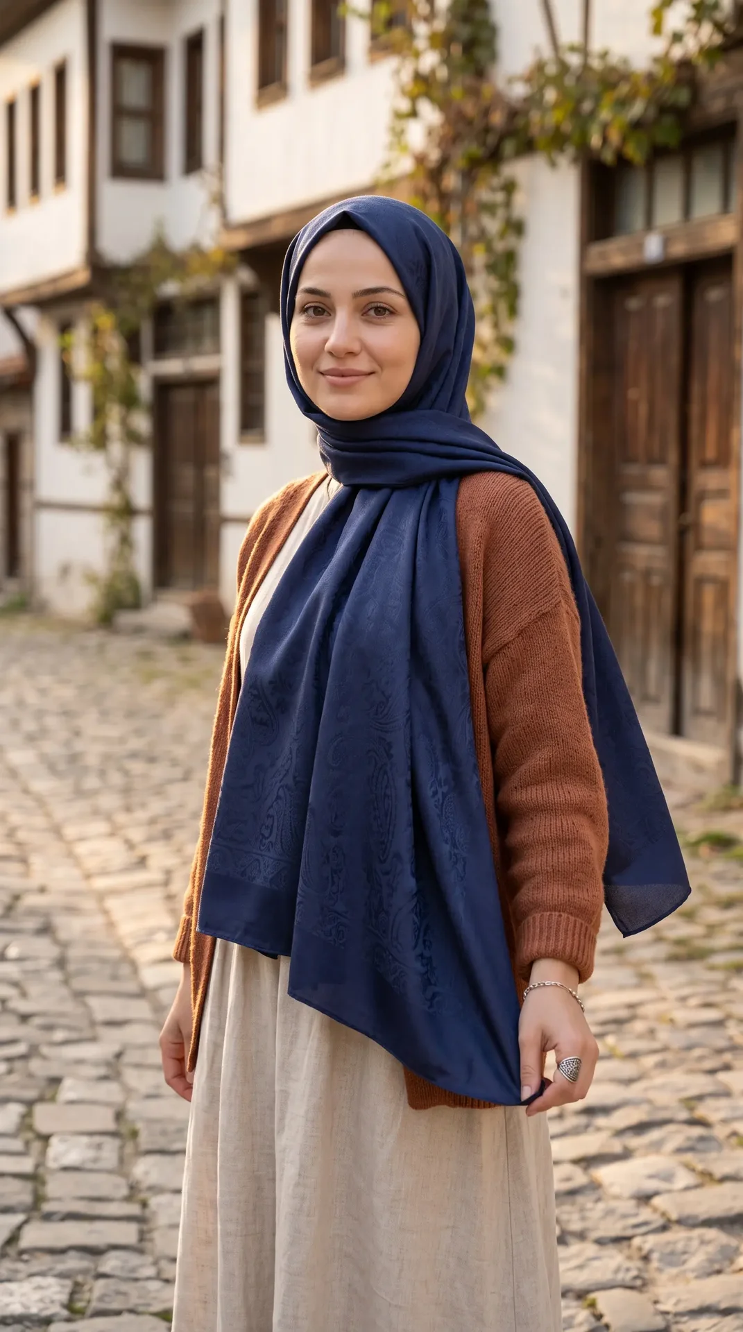 Nukra Jakarlı Pamuk Şal Otantik Desen Lacivert 70 x 190 cm
