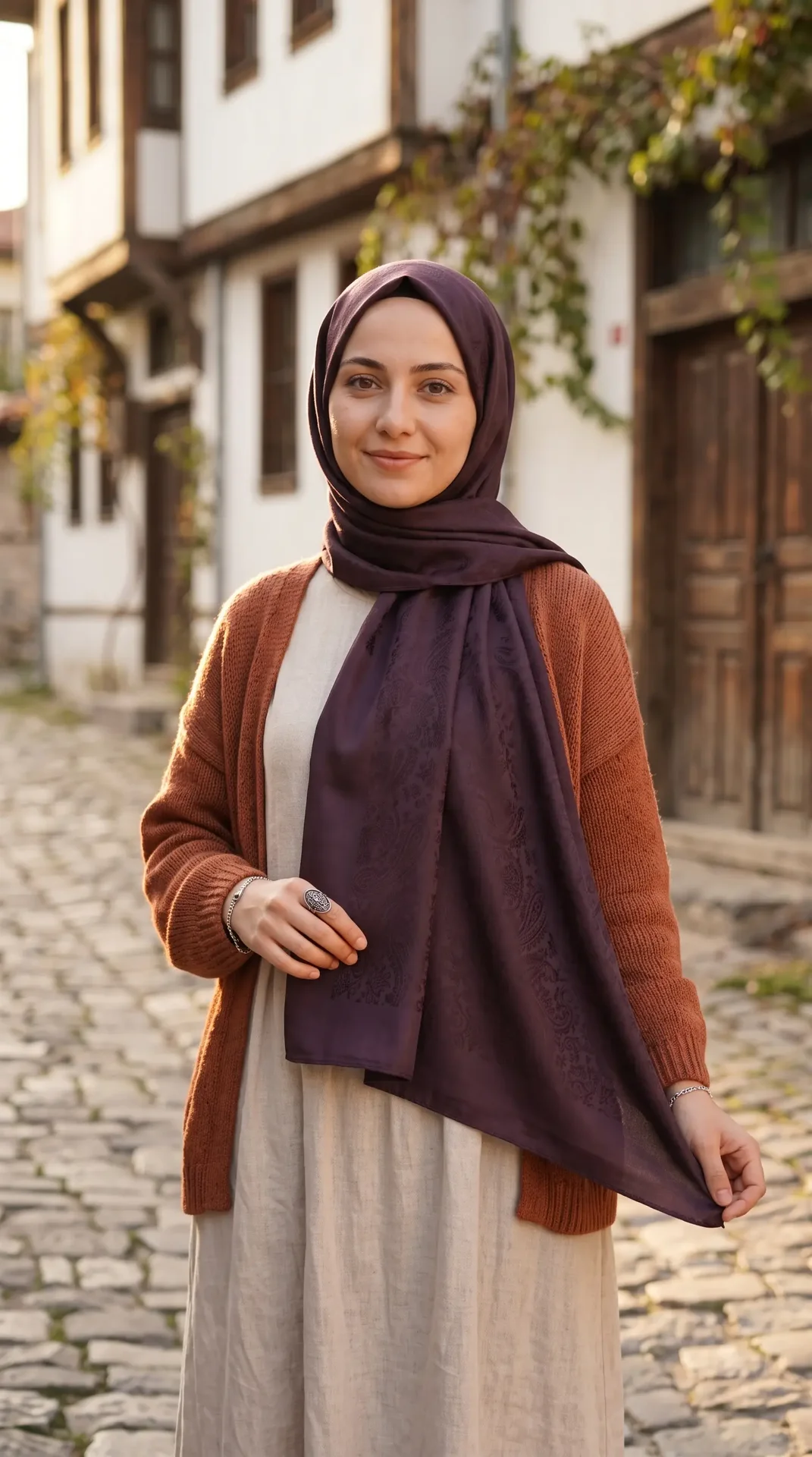 Nukra Jakarlı Pamuk Şal Otantik Desen Mürdüm 70 x 190 cm