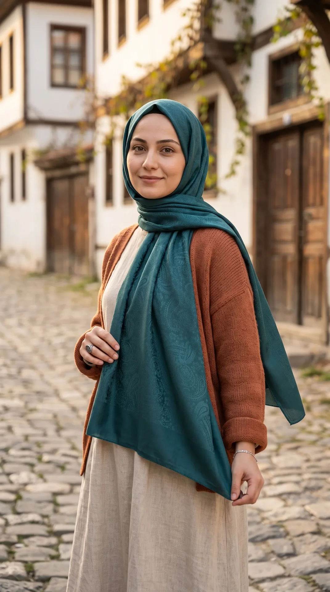 Nukra Jakarlı Pamuk Şal Otantik Desen Zümrüt Yeşili 70 x 190 cm