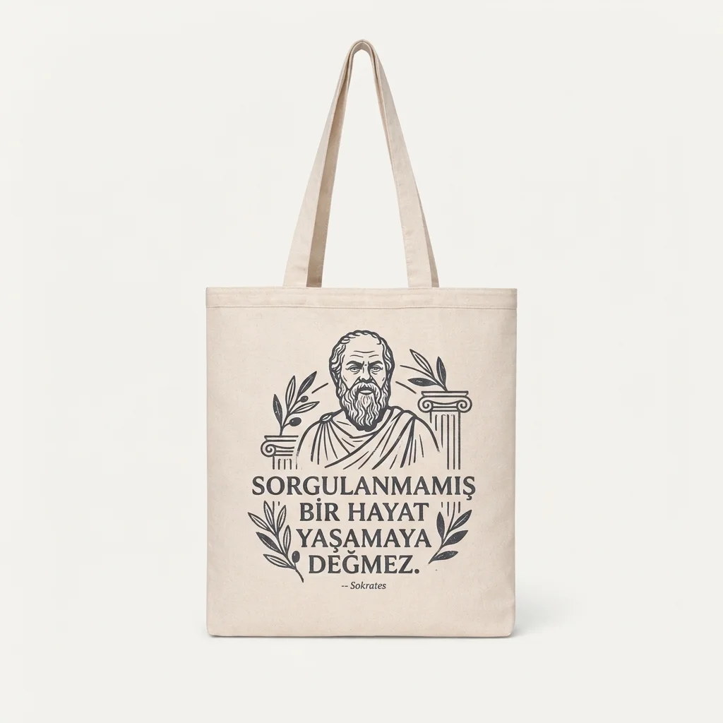 Sokrates Felsefe Alıntılı Keten Bez Çanta