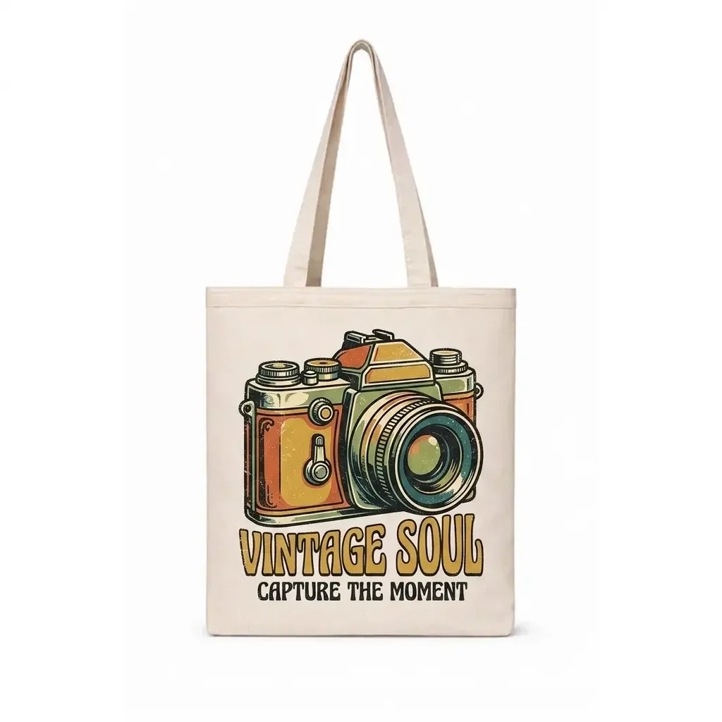 Vintage Soul Fotoğraf Makinesi Baskılı Keten Bez Çanta